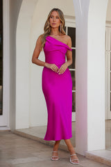 Stylish Season Off Shoulder Satin Midi Dress Fuchsia