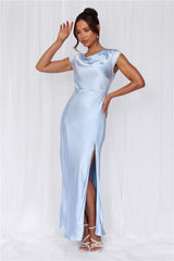 The Valentina Cap Sleeve Satin Maxi Dress Blue