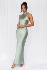 The Cleo Halter Satin Maxi Dress Sage