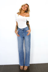 DNM High Rise Straight Leg Denim Jeans Mid Blue