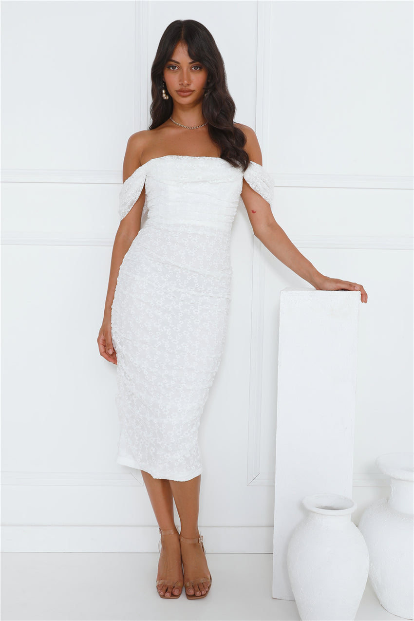 Perfect Girl Off Shoulder Mesh Midi Dress White
