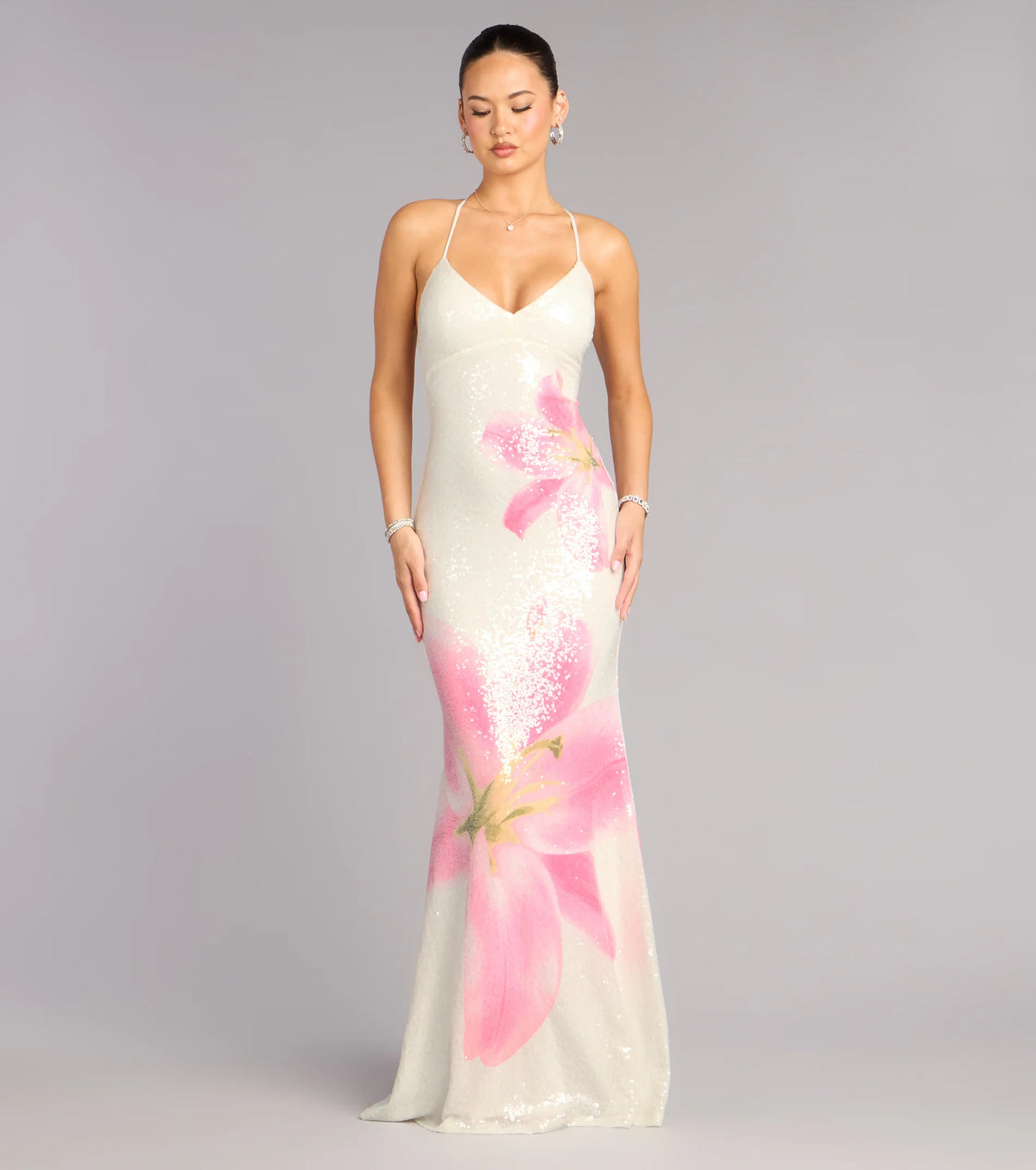 Maia Floral Print Sequin Mermaid Dress