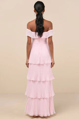 Always Remarkable Pink Pleated Off-the-Shoulder Maxi Dress
