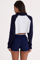 Ribbed Knit Quarter-Zip Cropped Jumper in Midnight